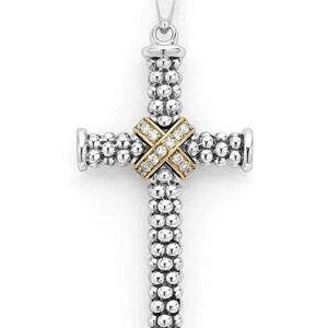 Lagos Anthem Large Two-Tone 18k 925 0.28CT Diamond Cross Amulet Pendant $2250